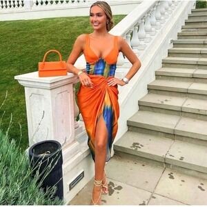 Micas Orange Tie Dye‎ Maxi Dress Sleeveless Ruched Slit Party Cocktail size L